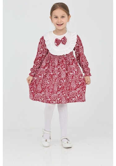 Kız Çocuk Bürümcük Kumaş Yaka Ve Fiyonk Detaylı Elbise 12188 Gülkurusu