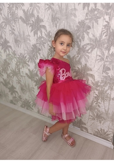 Pembe Barbie Elbise Tek Kollu Pembe