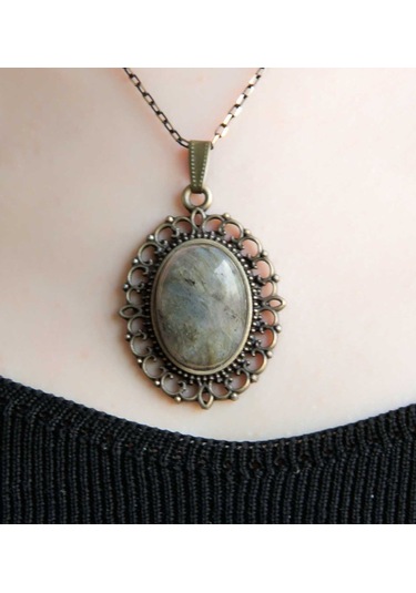 Doğal Taş Labradorit Doğal Taşlı Otantik Kadın Kolye 45 Cm Zincirli Euk13lbt Gri