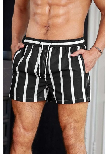 Angelsin Erkek Basic Standart Boy Çizgili Baskılı Mayo Cepli Deniz Şortu Siyah