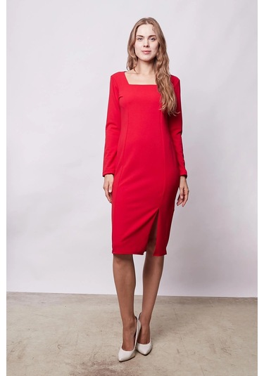 Kadın Likralı Krep Kumaş Kare Yaka Önden Yırtmaçlı Uzun Kol Diz Altı Ofis Elbise-kırmızı Kırmızı