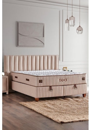 Hades Yatak Baza Ve Başlık Seti 160x200 Cm Çift Kişilik Paket Yaylı Lüks Yatak Krem Baza Başlık