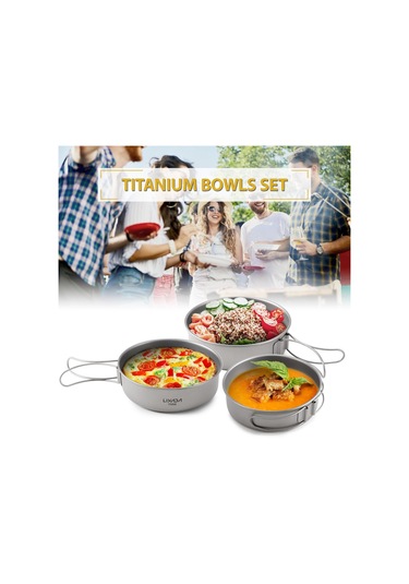 Açık Kamp Yürüyüş Pikniği İçin Katlanabilir Kulplu Ultralight Titanyum Yemek Kasesi Tavası 3pcs Gri