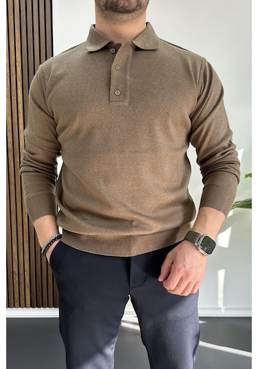 Erkek Düğmeli Polo Yaka Kazak Kahverengi Edw231 Kahverengi