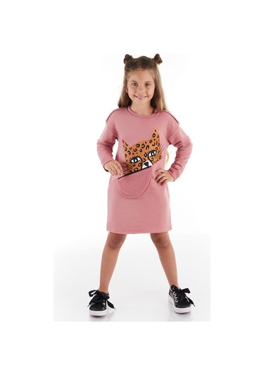 Denokids Mushi Leopar Cepli Kız Elbise Pembe