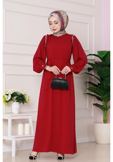 Omuzu Taş Detaylı Rose Elbise-kırmızı-4770 Kırmızı