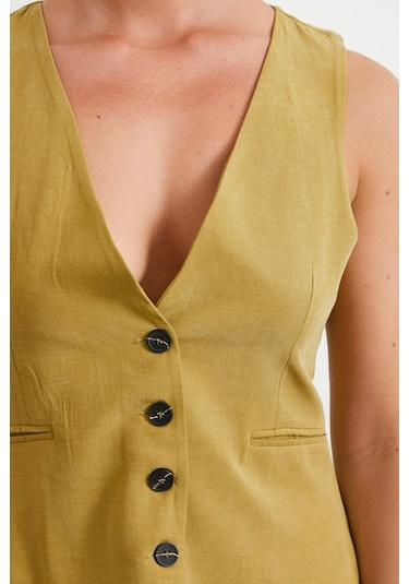 Never More Cep Kapaklı Keten Yelek Olive Olive