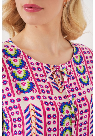 Kadın Desenli Kısa Kol Bluz 969 - Fuşya FUŞYA