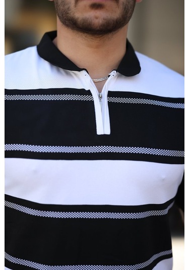Erkek Yakalı Fermuarlı Çift Renk Kısa Kollu T-shirt Siyah