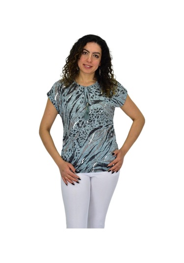 Kadın Kısa Kol Baskılı Bluz Bgl-st04706 Mint-Yeşili
