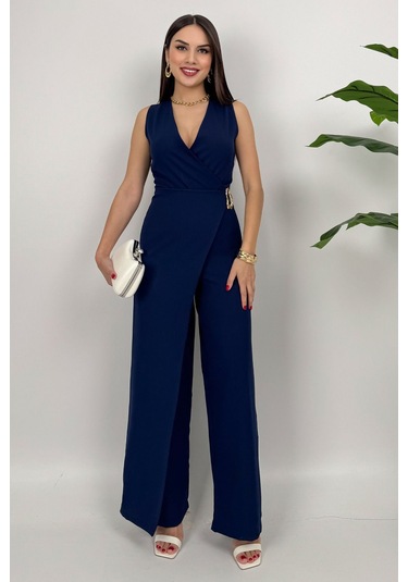 Crimson Icon Kadın Kemer Detaylı Askılı Bol Paça Lacivert Tulum Rahat Şık Yazlık Kombin Lacivert