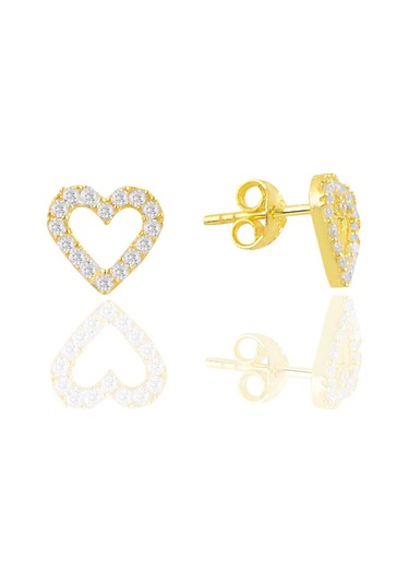 Gümüş Altın Yaldızlı Zirkon Taşlı Içi Boş Kalp Küpe