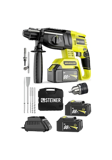 Steiner 88V 5Ah Çift Akülü Darbeli Kırıcı Delici Matkap Sarı + Mandren + 5 Parça Uç