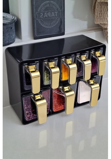 Herevin Sekizli Standlı Baharatlık Seti Gold Kulplu Siyah Kapak 161280-822 Gold - Siyah