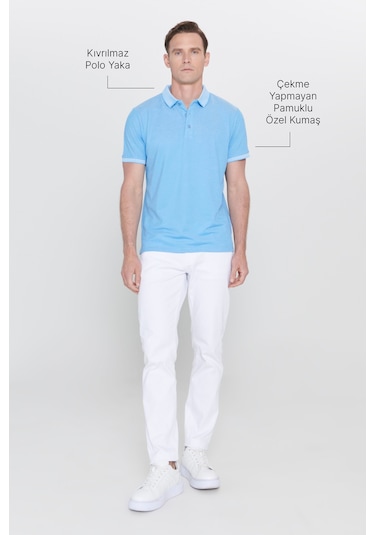 Ac&Co / Altınyıldız Classics 4A4820200047Sabm Düğmeli Polo Yaka Cepsiz Slim Fit Erkek Tişört Saks Mavisi - Beyaz Saks Mavi