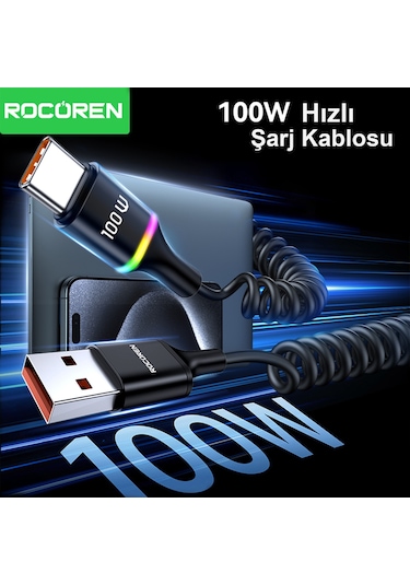 Rocoren 100w 7a Spiral Rgb Led Işıklı Spiral Type-c Hızlı Şarj Ve Data Kablosu 1.6 Metre