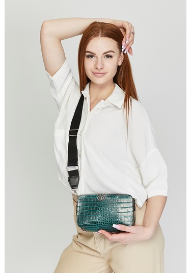 Morpelikan Yeşil Kroko İki Bölmeli Kadın Omuz Çantası Yeşil