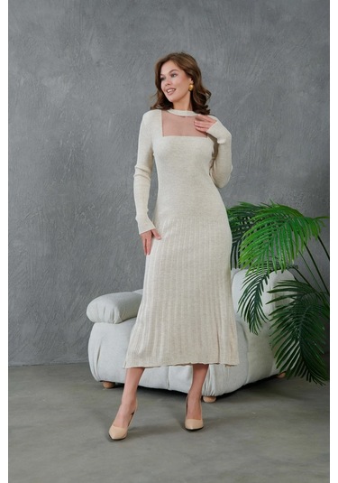 Kadın Bisiklet Yaka Tül Detay Maksi Boy Fitilli Triko Elbise Taş