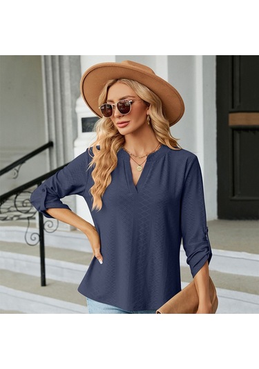 Sones Düz Renk Jakarlı V Yaka Düğmeli Üç Çeyrek Kol Bol Tişört Üst Lacivert