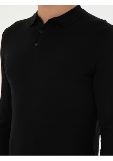 Cacharel Siyah Slim Fit Yün Karışımlı Polo Yaka Basic Triko Kazak
