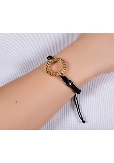 Çelikoğlu Kuyumculuk 22 Ayar Altın Kaplama Çeyrek Cerceveli Siyah İpli Bileklik Çok Renkli