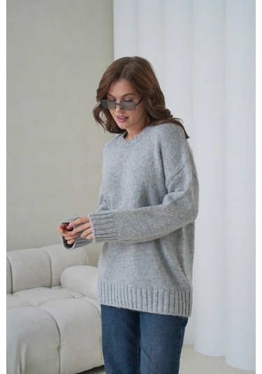 Kadın Bisiklet Yaka Yumuşak Dokulu Oversize Triko Kazak 3032 Gri