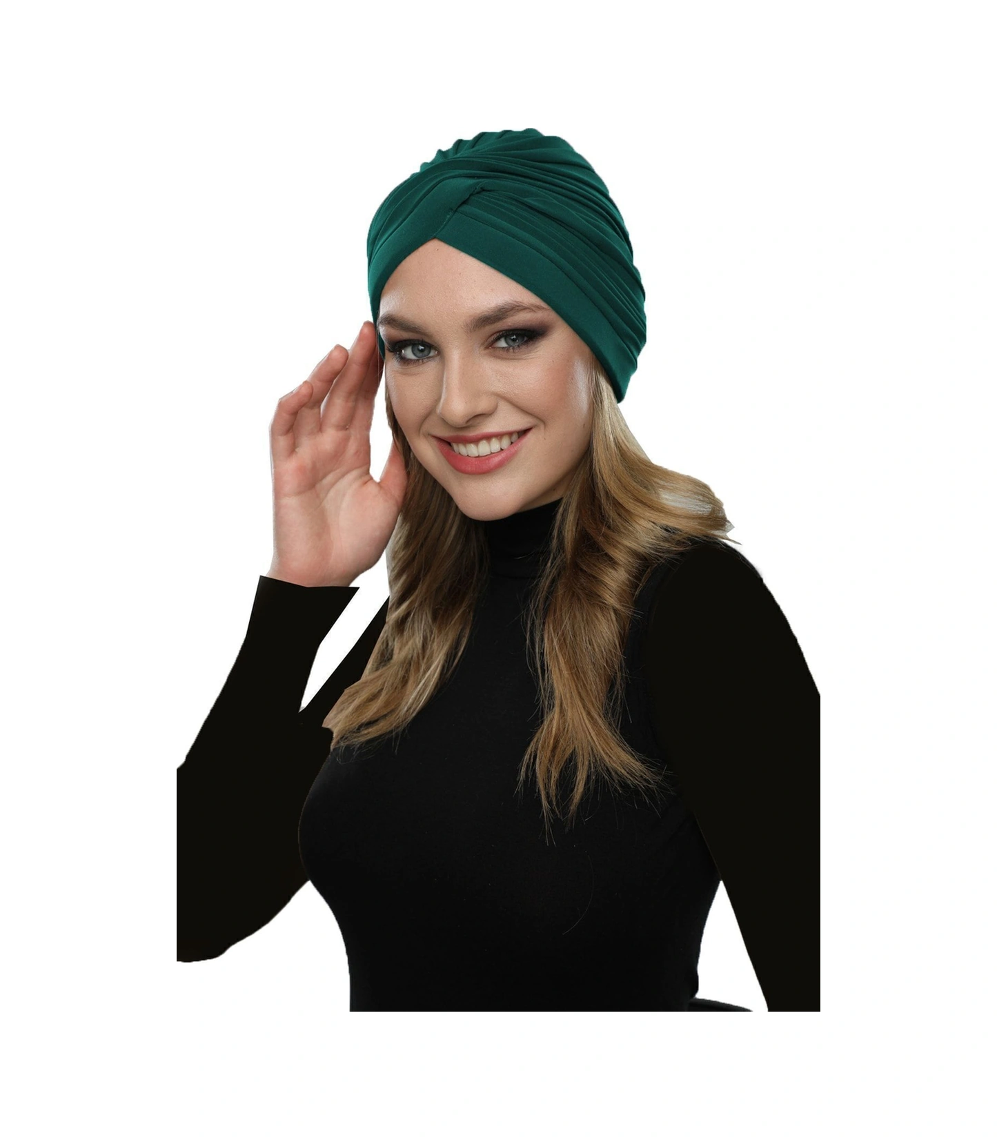 Çapraz W Nervürlü Ensesi Bantlı Yeşil Hazır Türban Tesettür Havuz Bonesi Hürrem