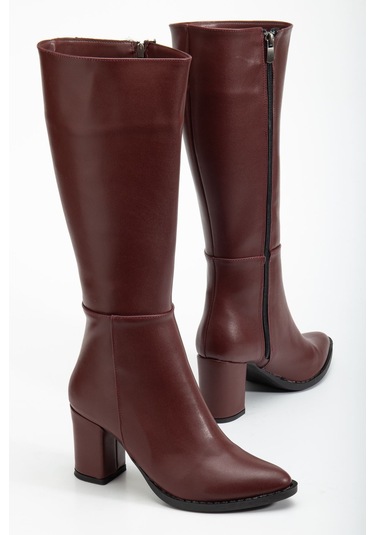 Ysn-4422 Bordo Cilt Topuklu Kadın Çizme Bordo