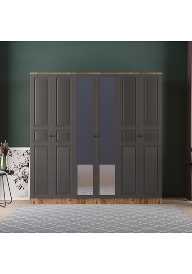 Nil 6 Kapaklı Eko Bazalı Gardırop - Mdf Kapak Antrasit