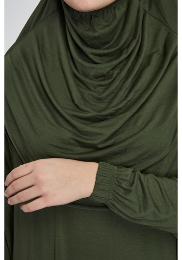 Pratik Başörtülü Rahat Giyilebilen Organik Tek Parça Namaz Elbisesi Haki