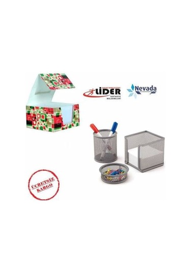 3 Lü Kalemlik Seti Metal Gri Perfore +küp Not Kağıdı 84x84x48 MM N11.24490