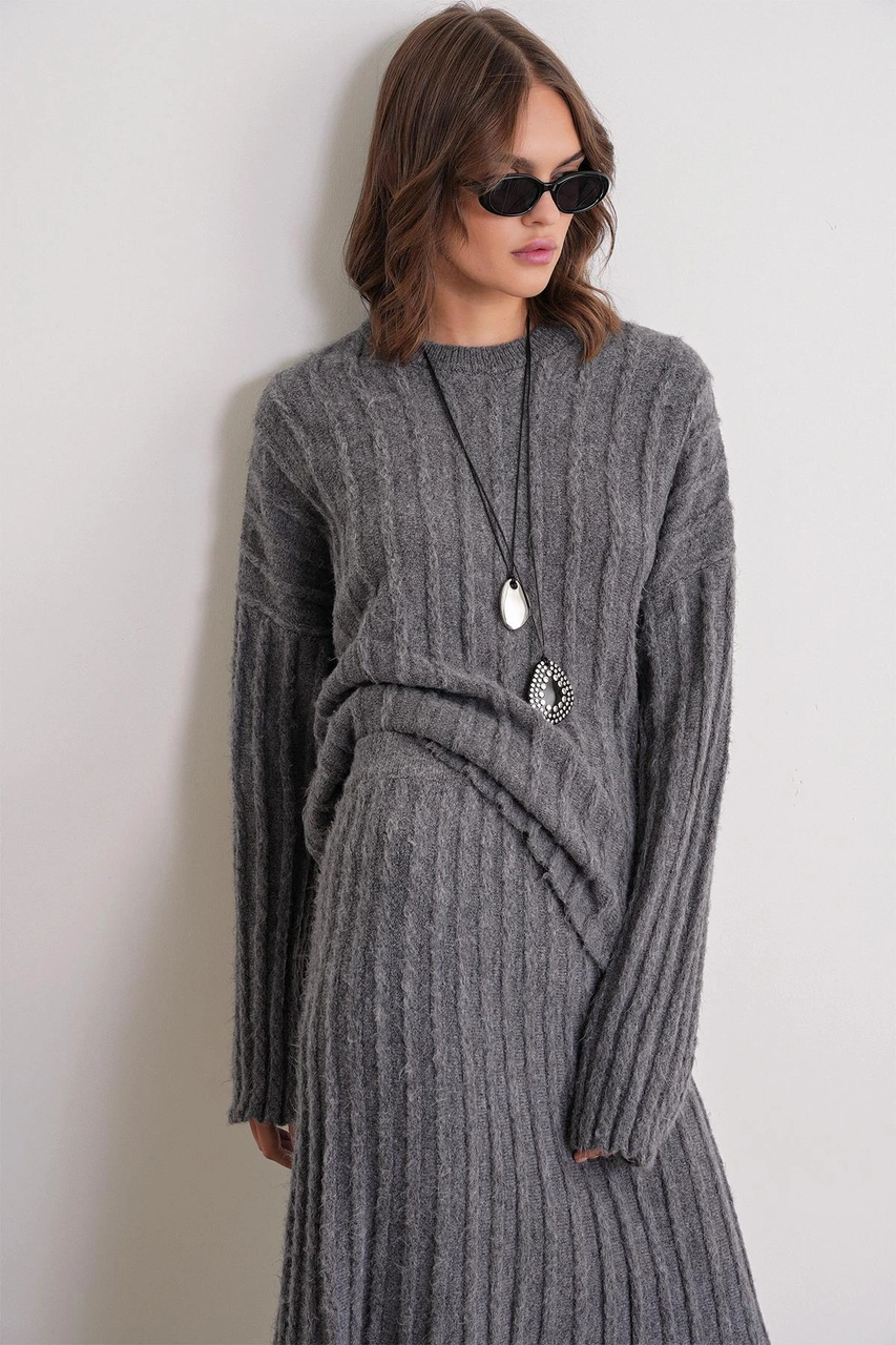 6960 Kadın Saç Örgülü Yumuşak Dokulu Triko Alt Üst Takım Antrasit Antrasit