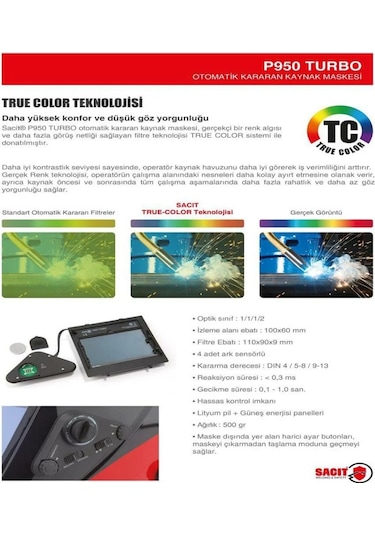 Sacit P950 Turbo Otomatik Kararan Kaynak Maskesi True Color