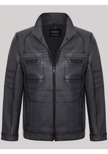 Hakiki Kuzu Derisi Fermuarlı Cep Detaylı Erkek Ceket Gri Gri