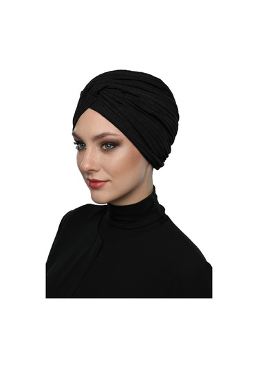 Çapraz Penye Astarlı Siyah Hazır Türban Tesettür Havuz Bonesi Siyah