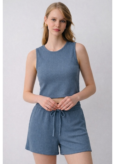 Kadın Bürümcük Basic Askılı Crop Kısa Şort Alt Üst Şortlu Takım Mavi