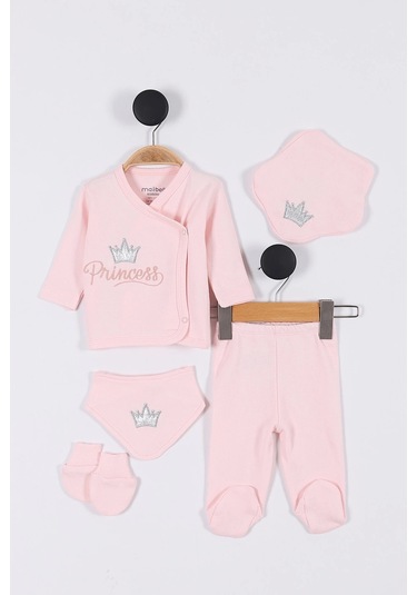 Prenses Desenli Müslin Kız Bebek Hastane Çıkışı Bebek Kıyafetleri Yenidoğan Hastane Çıkış Seti 5 Li Pudra