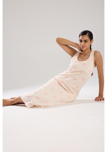 Akbeniz Kadın Kalın Askılı Yırtmaçlı Uzun Pudra Gecelik Pudra