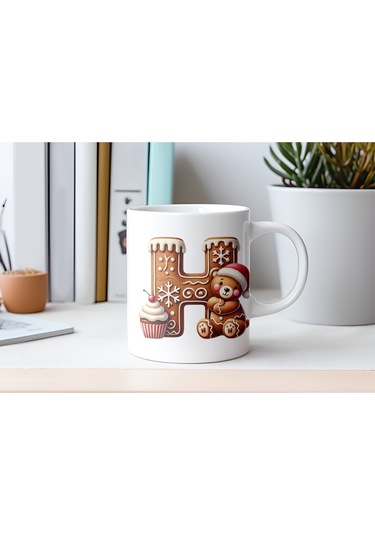 H Kurabiye Harf Ve Ayıcık Detaylı Kupa Bardak - Yeni Yıl / Yılbaşı Temalı Tasarım - Noel Hediye Beyaz