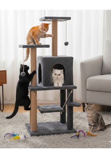 Reyo Pet Y01 Salıncaklı Yuvalı Lüx Kedi Tırmalama Oyun Evi Antrasit