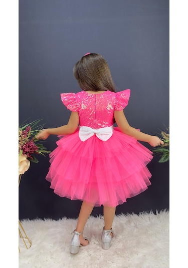 Barbie Taçlı Kız Çocuk Doğum Günü Parti Elbisesi Pembe