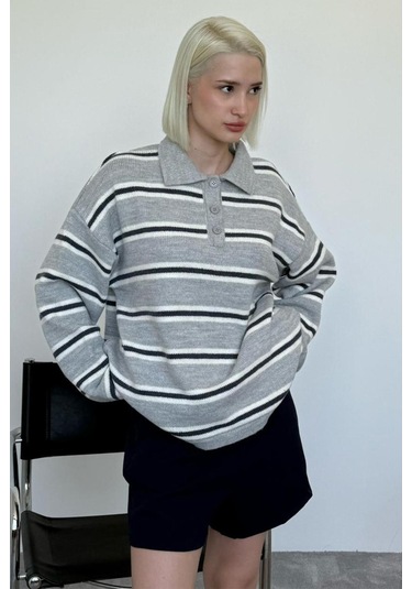 Gri Polo Yaka Çizgili Kadın Triko Kazak Mg2469 Gri