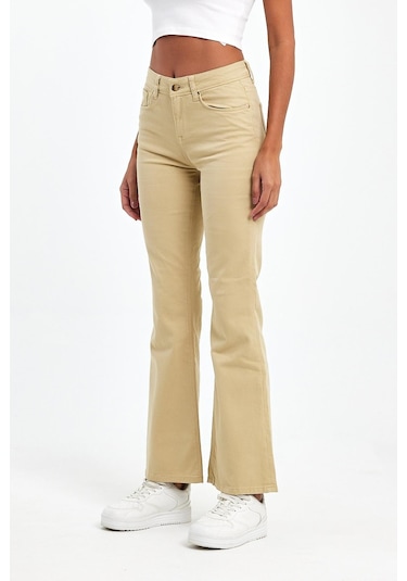 Explode - Kadın Bej Likralı 5 Cep Flare Pantolon-bej Bej