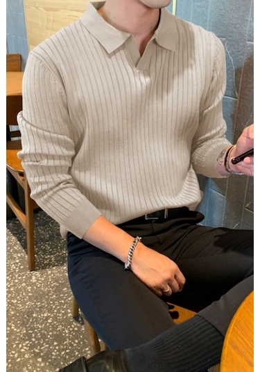 Cool Tarz Erkek Polo Yaka Triko Kazak Slim Fit Fitilli Bej