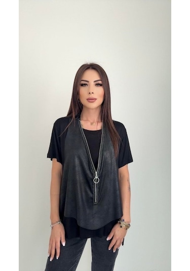 Gülsüm Aydın Kadın Kısa Kollu Yuvarlak Yaka Viskon Bluz + Kolsuz Fermuarlı Çatlak Deri Yelek Siyah