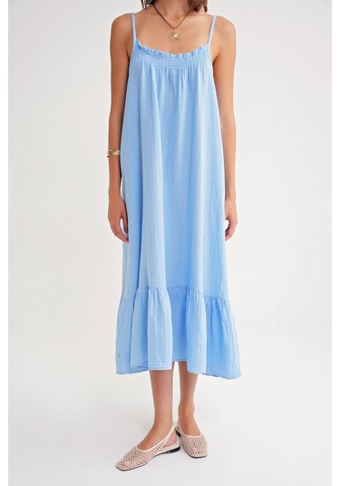 4740 Kadın Askılı Müslin Midi Elbise Bebe Mavi Bebe Mavi