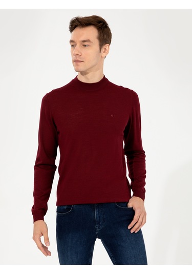 Cacharel Koyu Bordo Slim Fit Çeyrek Balıkçı Yaka Basic Triko Kazak