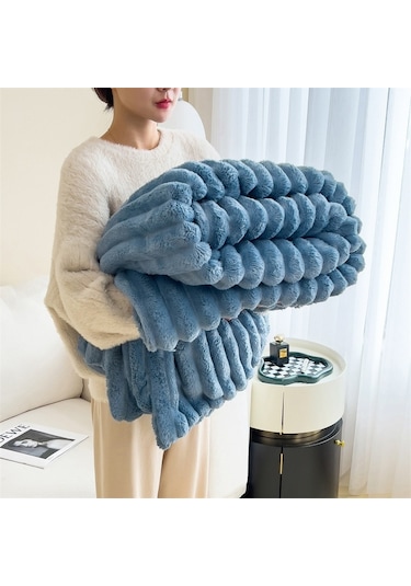 Tavşan Yünü Battaniyesi: Flanel Ofis Araç Küçük Battaniye-mavi 230 200 Mavi