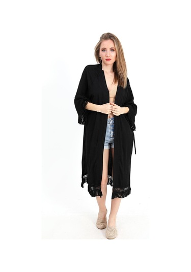 Kimono Palmiye Baskılı Püsküllü - Siyah-siyah Siyah