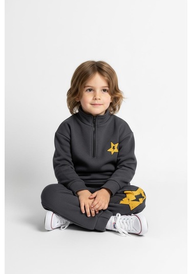 Fermuar Detaylı Şimşek Baskılı 2 Li Takım Antrasit